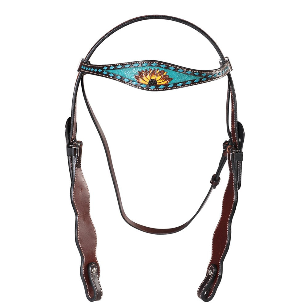 Fort Worth Vaquera Headstall. Brown leather horse bridle with turquoise inlay and floral design on a white background