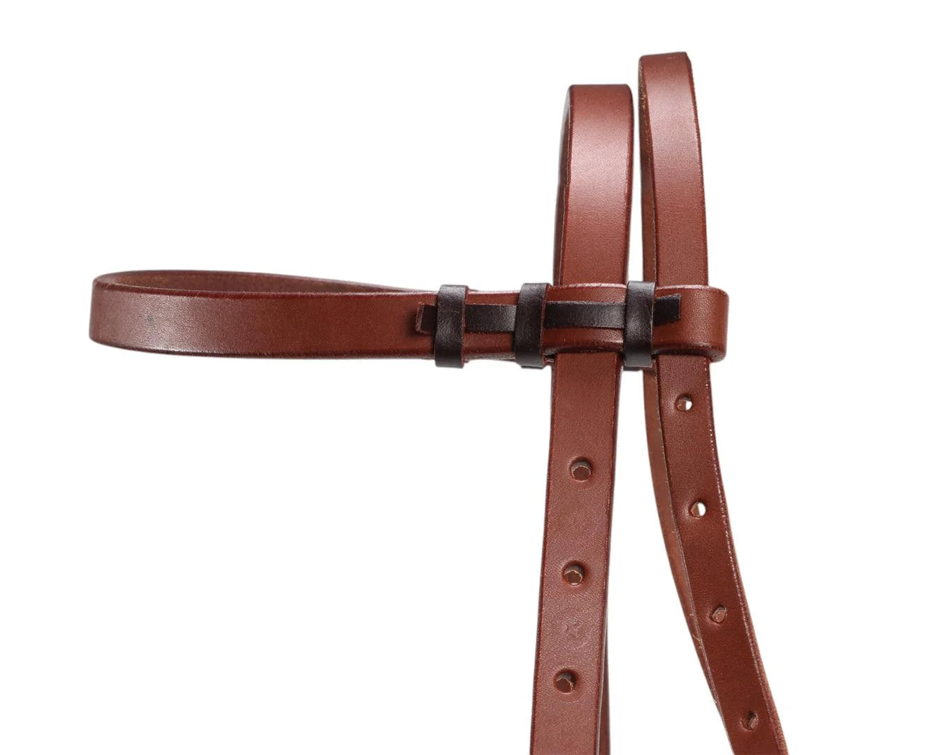 A brown leather strap, likely an equestrian bridle bit strap or leather accessory, featuring dark metal hardware and eyelets, shown against a plain white background.
