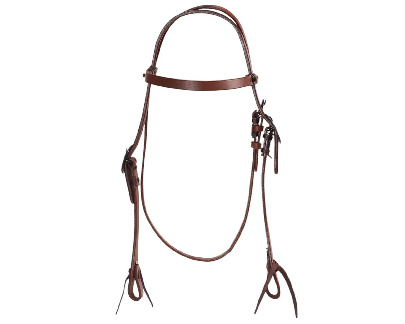 A dark brown leather horse bridle with a noseband, cheekpieces, and reins, displayed against a solid white background.
