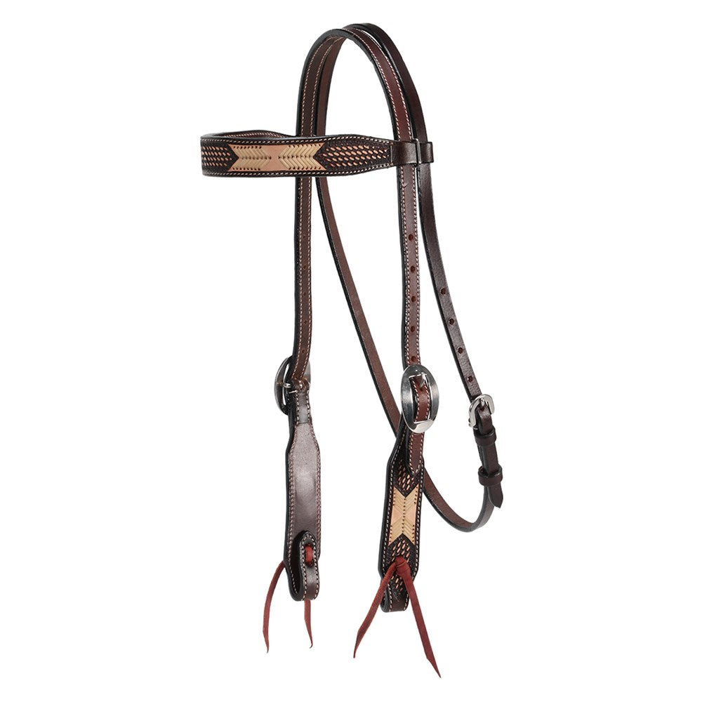 Fort Worth Cochise Headstall - Two Tone. Brown leather horse bridle with decorative elements on a white background