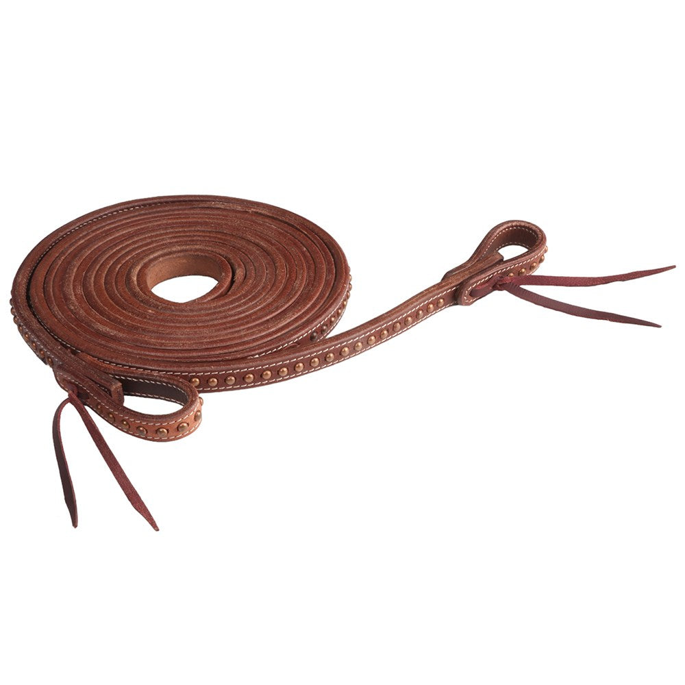 Fort Worth Copper Dots Split Reins with Water Loops. A brown leather split rein with water loops and copper dots, coiled and presented against a white background.