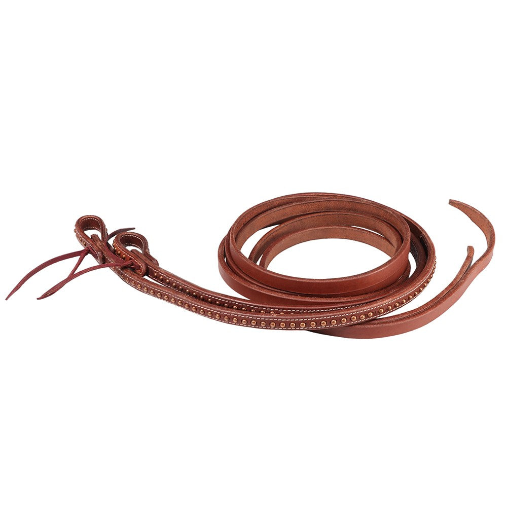 Fort Worth Copper Dots Split Reins with Water Loops. A brown leather split rein with water loops and copper dots, coiled and presented against a white background.