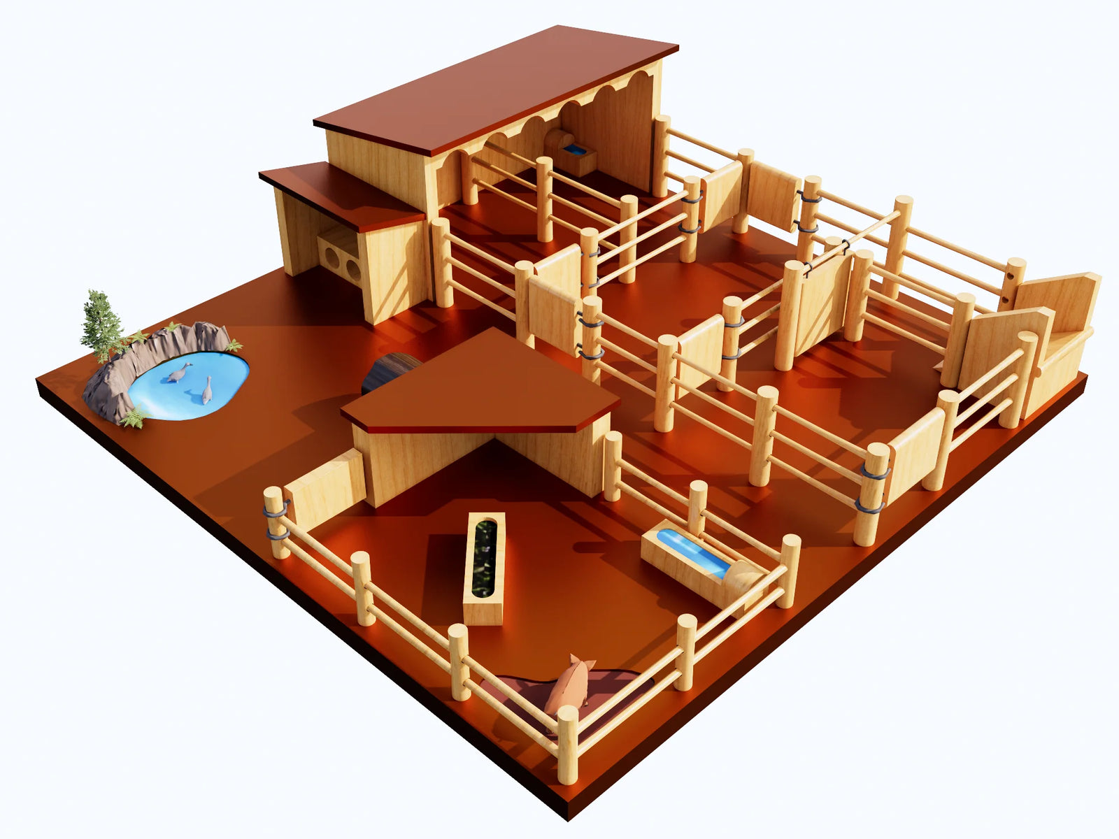 Country Toys FY1 Farm Yard. Hanmade wooden yaerds and stable on a white background.