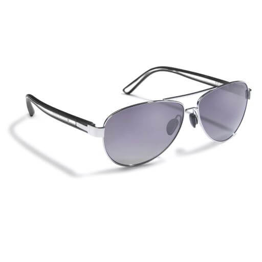 Gidgee Eyes Equator Silver Sunglasses. A pair of aviator-style sunglasses with silver frames and grey tinted lenses.