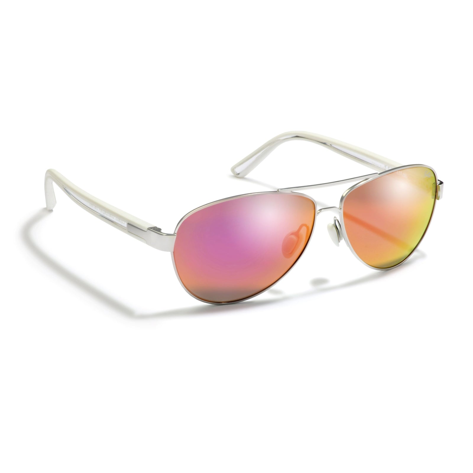 Gidgee Eyes Equator Champagne Sunglasses. A pair of Gidgee Eyes Equator Champagne Sunglasses with a silver wire frame and multicolored reflective lenses, displayed against a white background.
