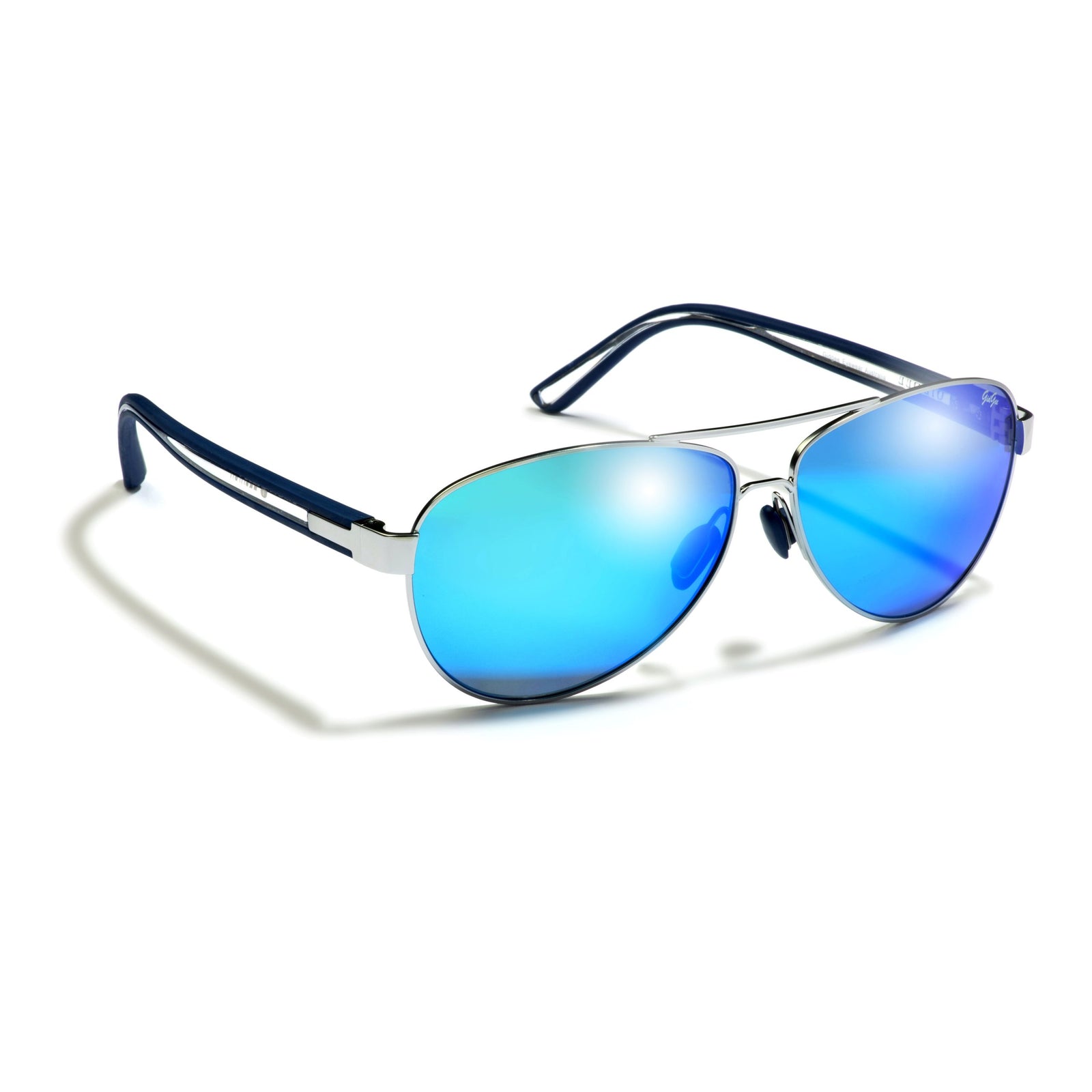 Gidgee Eyes Equator Blue Sunglasses. A pair of aviator-style sunglasses with blue mirrored lenses and a metal frame, displayed on a white background.