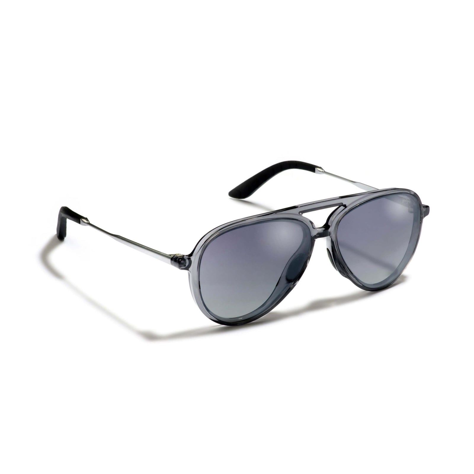 Gidgee Eyes Ash Sky-Ryders Sunglasses. A pair of aviator-style sunglasses with a smoke ash frame, grey gradient lenses, and black grips on the temples and nose.