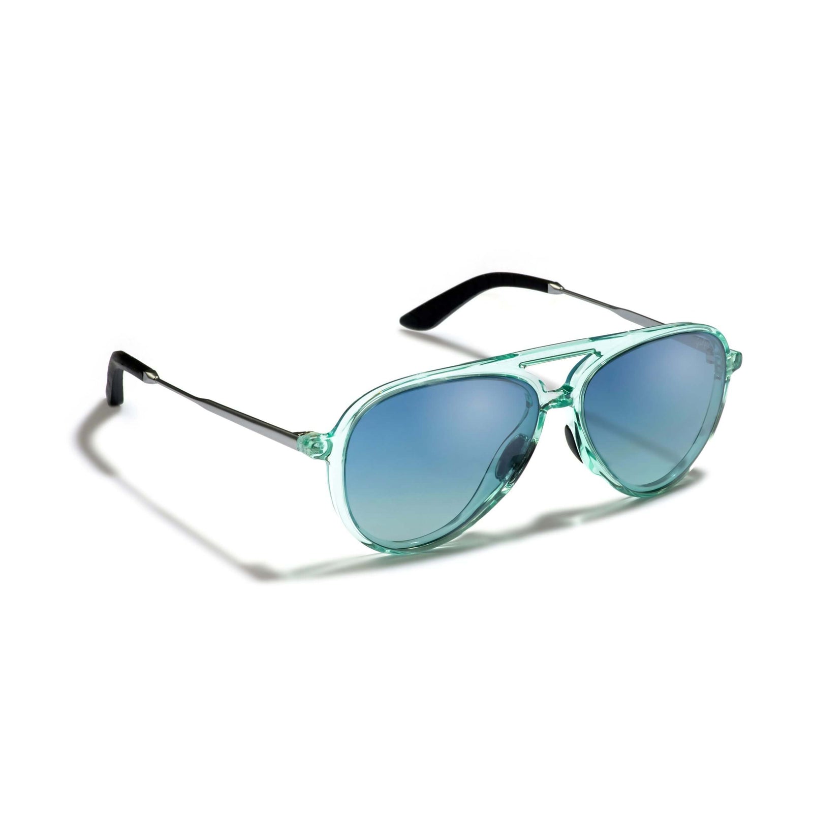 Gidgee Eyes Opal Sky-Ryders Sunglasses. A pair of aviator-style sunglasses with a green frame, silver temple arms, and blue-tinted lenses.