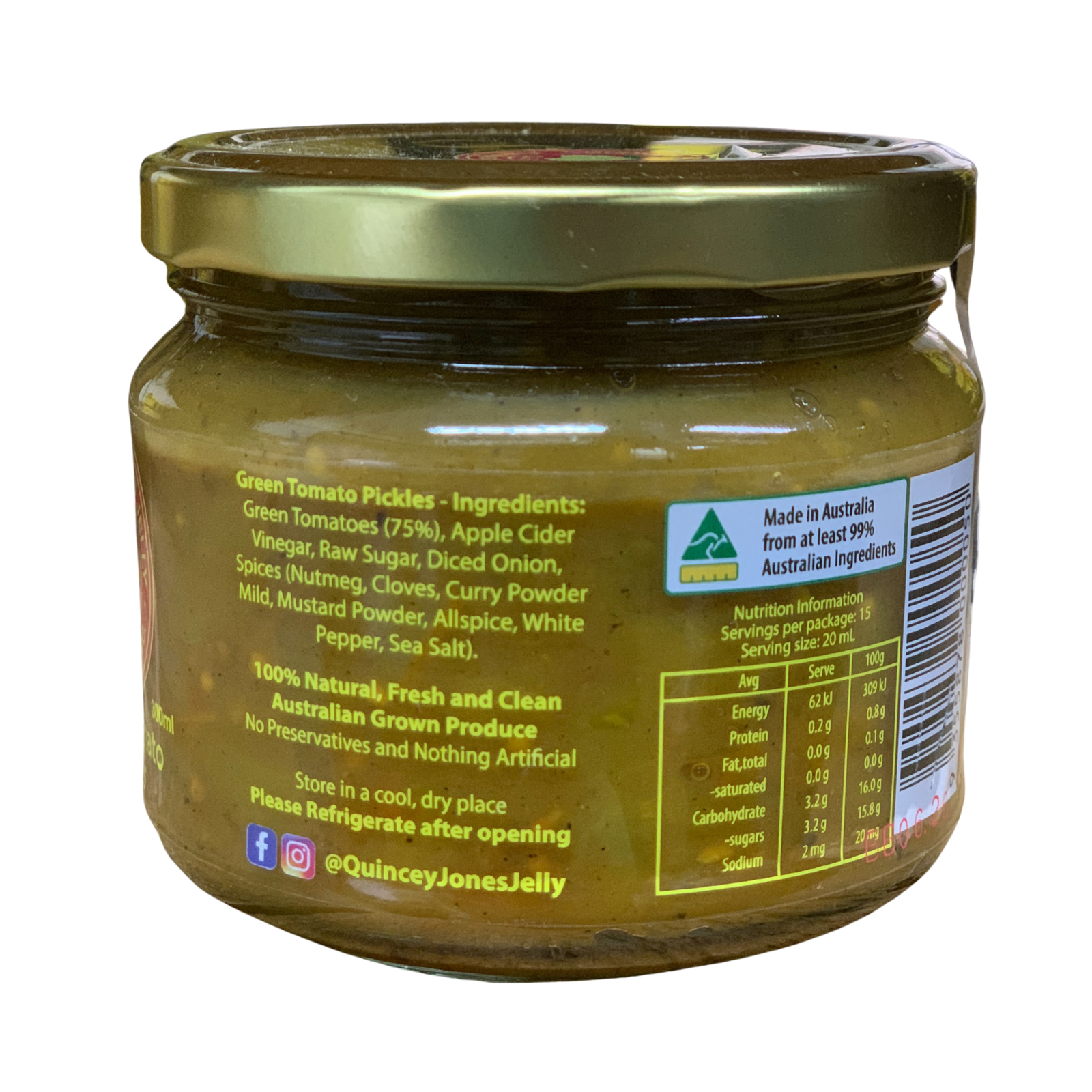 Quincey Jones 300ml Green Tomato Pickle. Jar of green tomato pickle with label on a white background