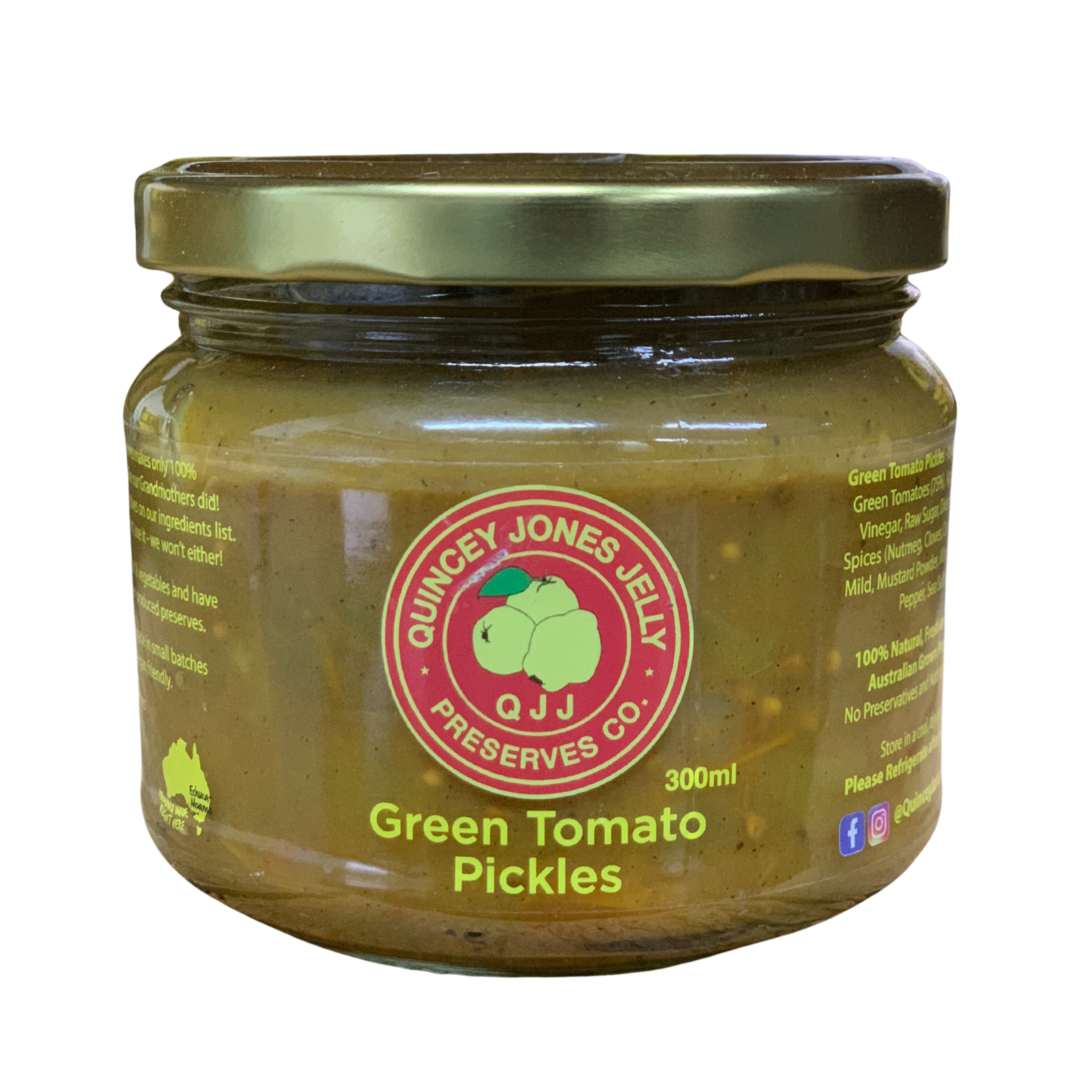 Quincey Jones 300ml Green Tomato Pickle. Jar of Green Tomato Pickles with Quincey Jones Jelly Preserves Co. label on a white background