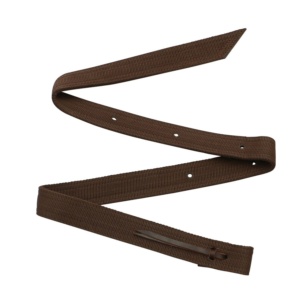 A brown heavy duty nylon girth strap for horse tack.