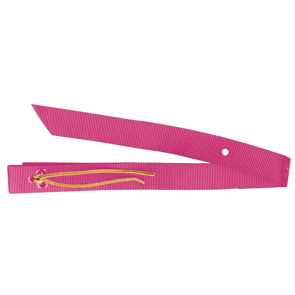 Nylon Girth Strap. A pink nylon girth strap designed for use in equestrian sports, featuring multiple sealed holes and a heavy-duty construction.