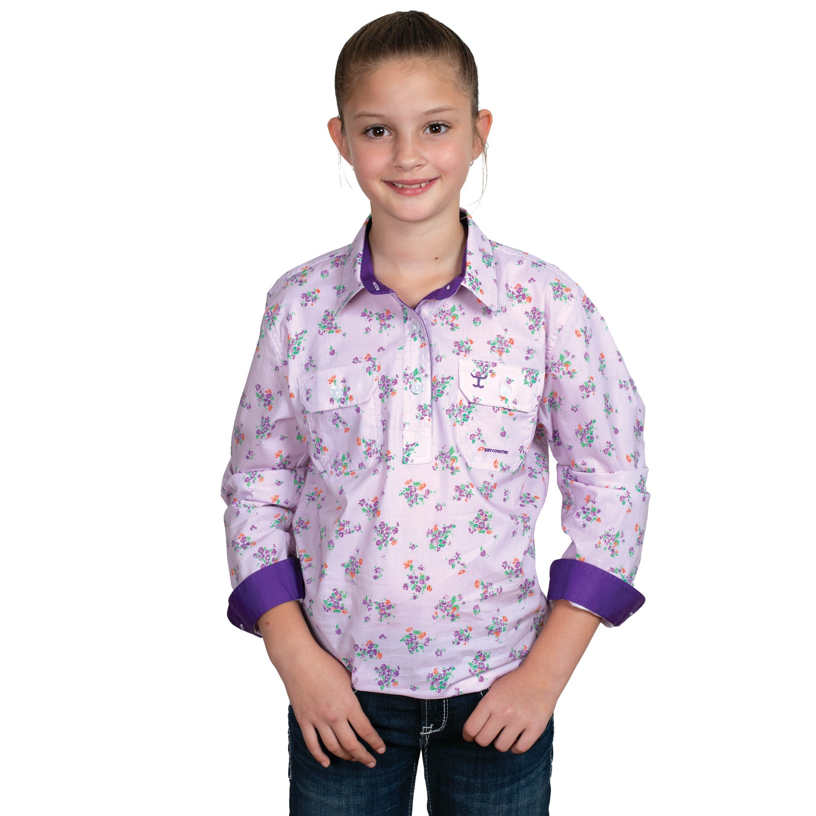 Just Country Girl's Harper Half Button L/S Shirt. A girl wearing a long sleeve purple shirt with a floral pattern and half button design.