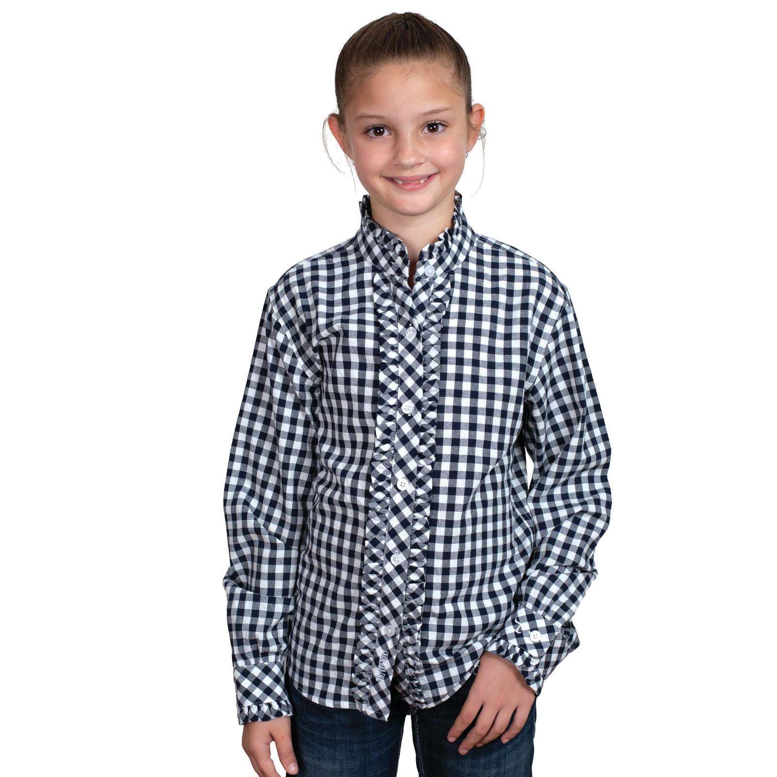 Just Country Girl's Gracie Frills Workshirt. A girl wearing a long-sleeved checkered workshirt in white and blue colors.