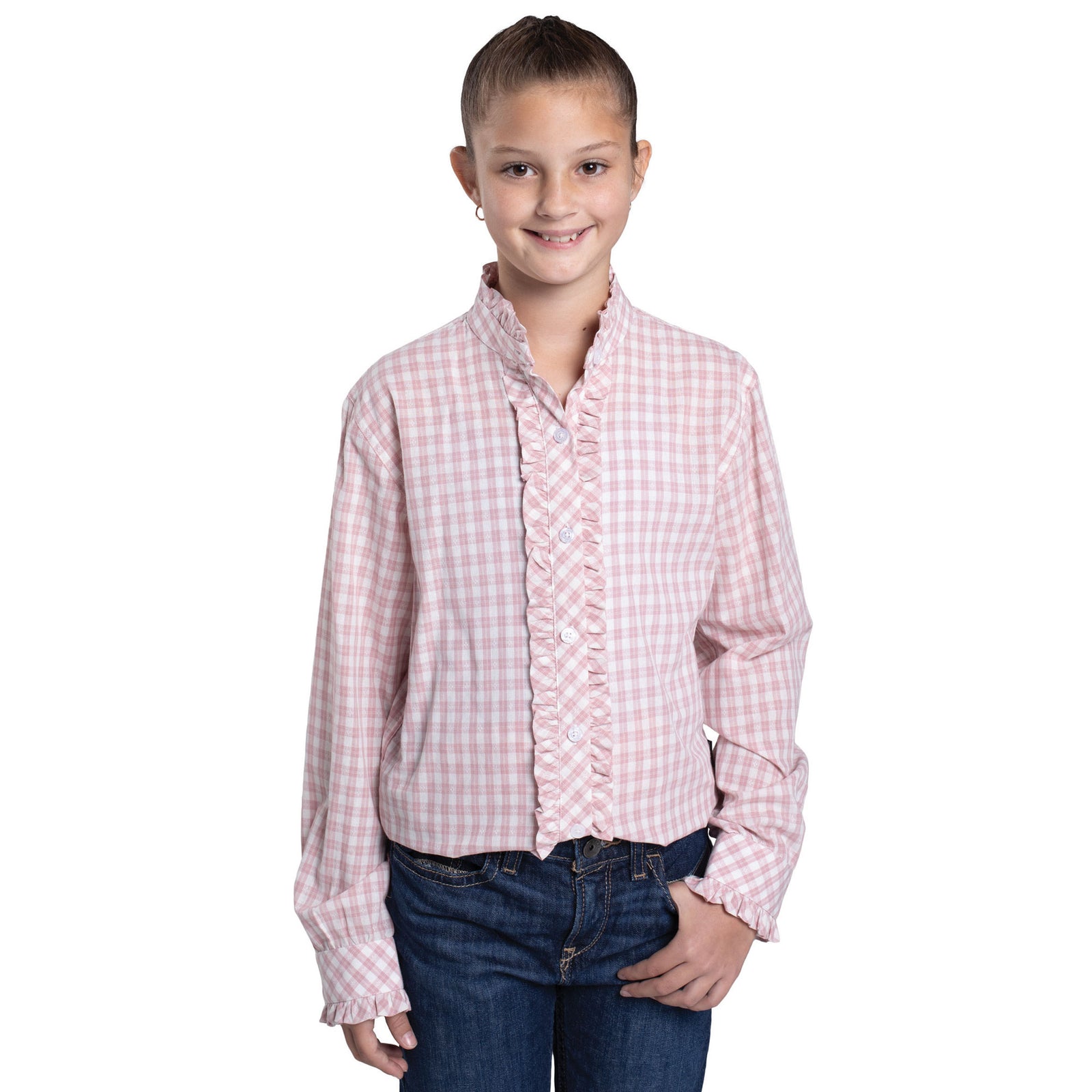 Child wearing a pink checkered shirt and blue jeans on a white background