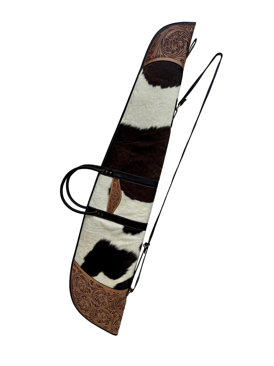 Tooling Leather Cowhide Extra Large Rifle Case. Cow print bow case with brown leather accents on a white background