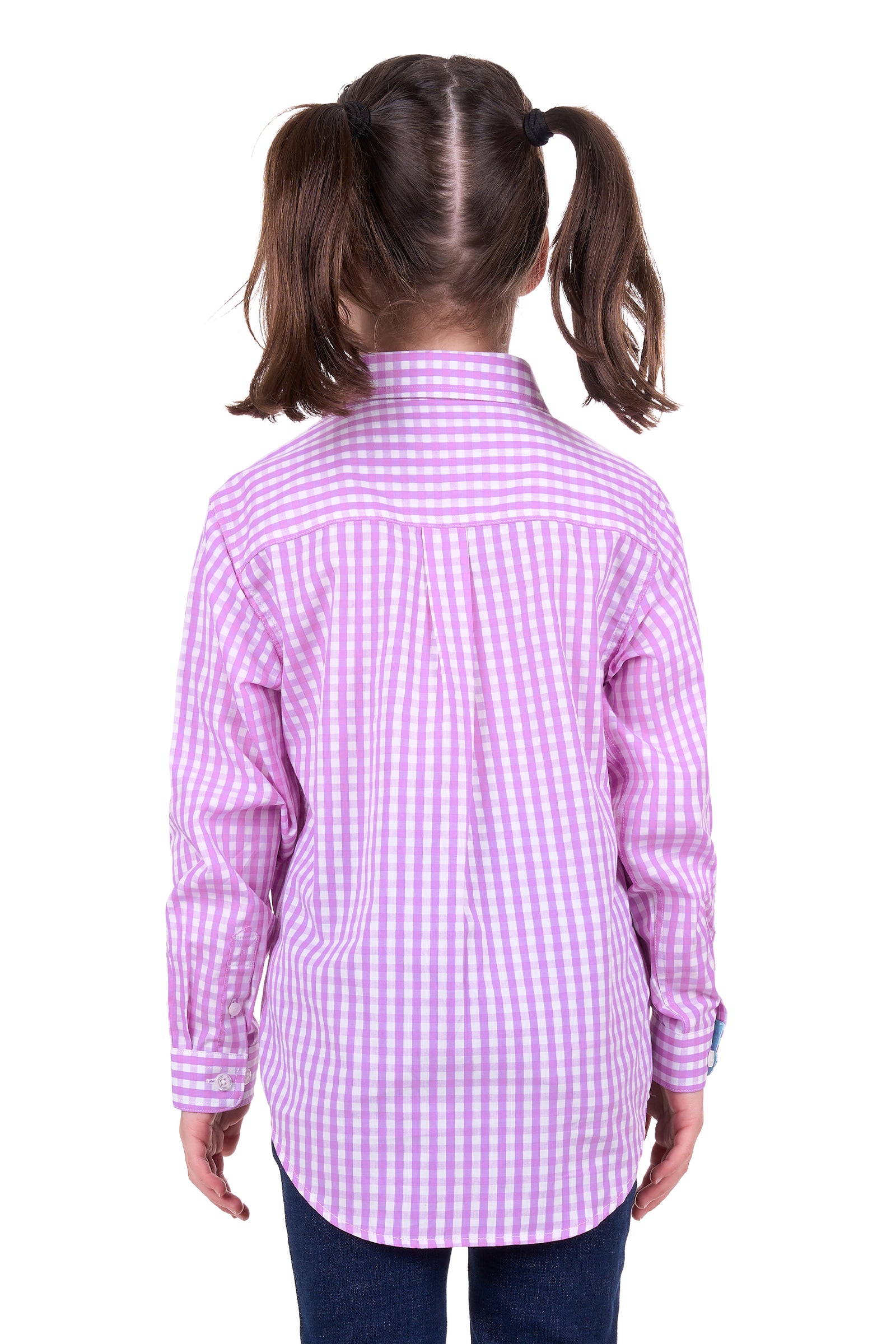 Hard Slog Girl's Ayla 1/2 Placket L/S Shirt. A girl wearing a long sleeve purple checkered shirt with a collar and front chest pocket.