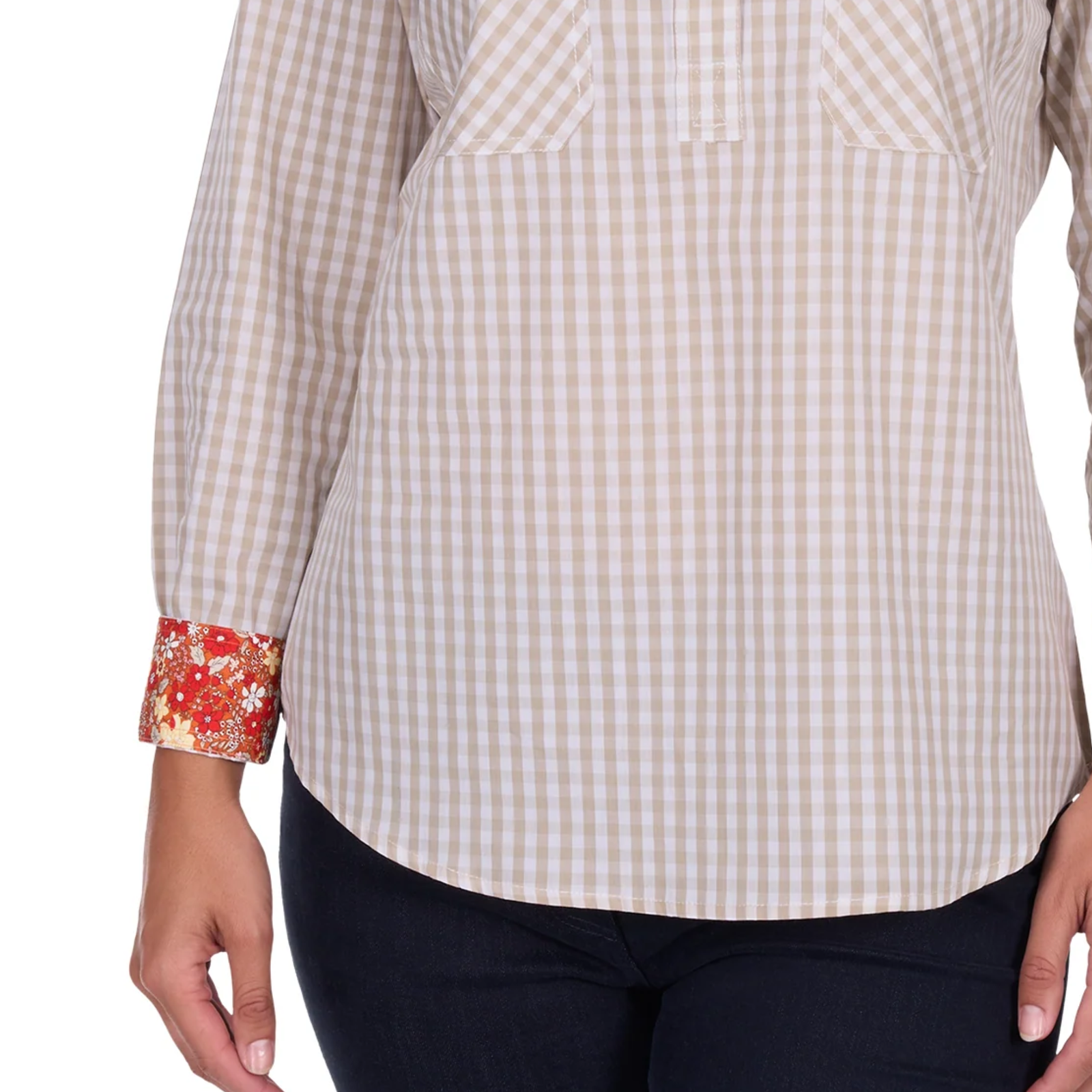 Checkered shirt with rolled-up sleeves and a colorful cuff on a white background