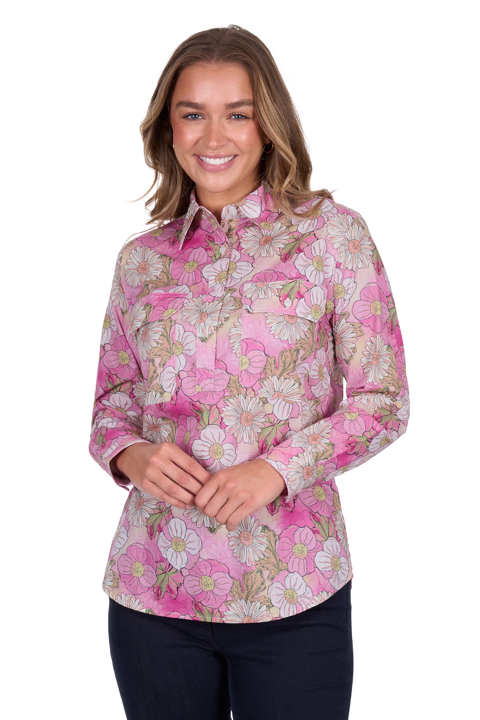Hard Slog Women's Etta 1/2 Placket L/S Shirt. Woman wearing a pink floral blouse on a white background