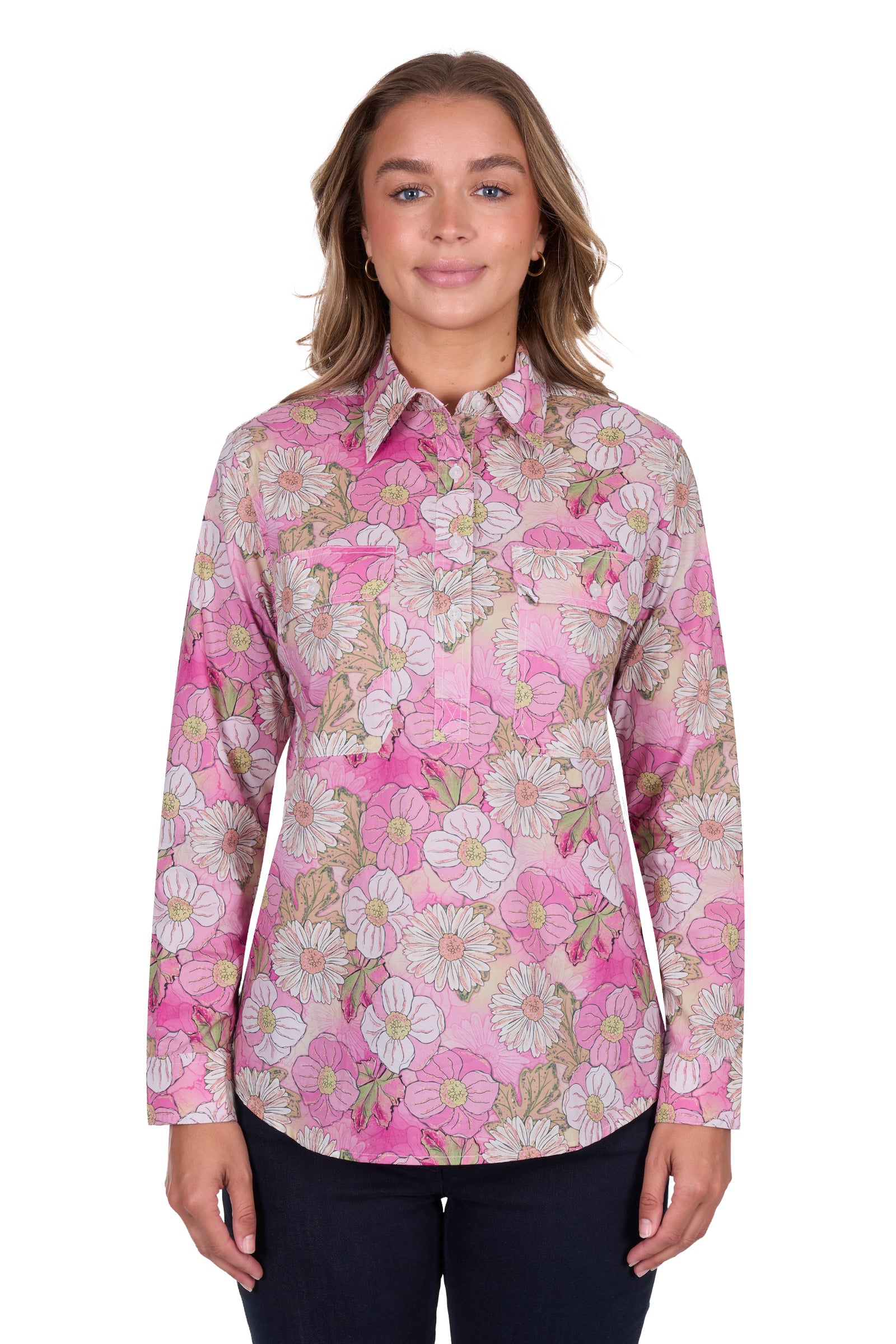 Hard Slog Women's Etta 1/2 Placket L/S Shirt. Woman wearing a pink floral shirt on a white background