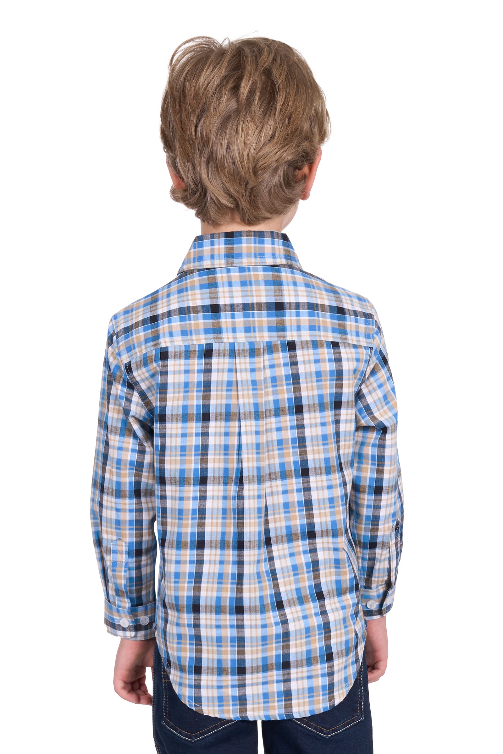 Hard Slog Boy's Gibson 1/2 Placket L/S Shirt. Child wearing a blue and white checkered shirt on a white background