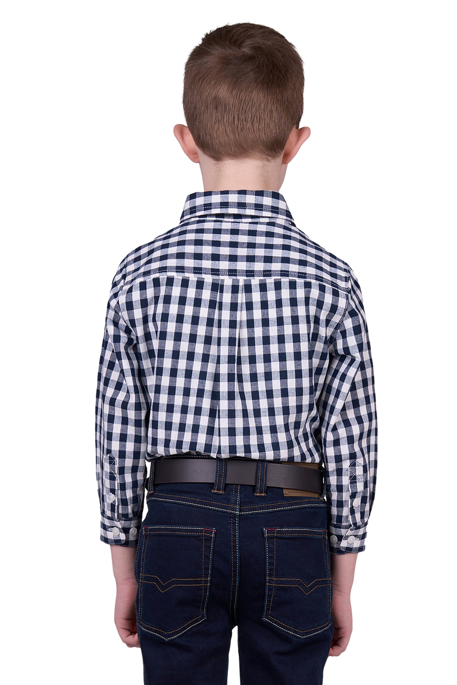 Hard Slog Boy's Dell 1/2 Placket L/S Shirt. A boy wearing a long sleeve checkered shirt with a half placket and logo buttons, paired with trousers and a belt.