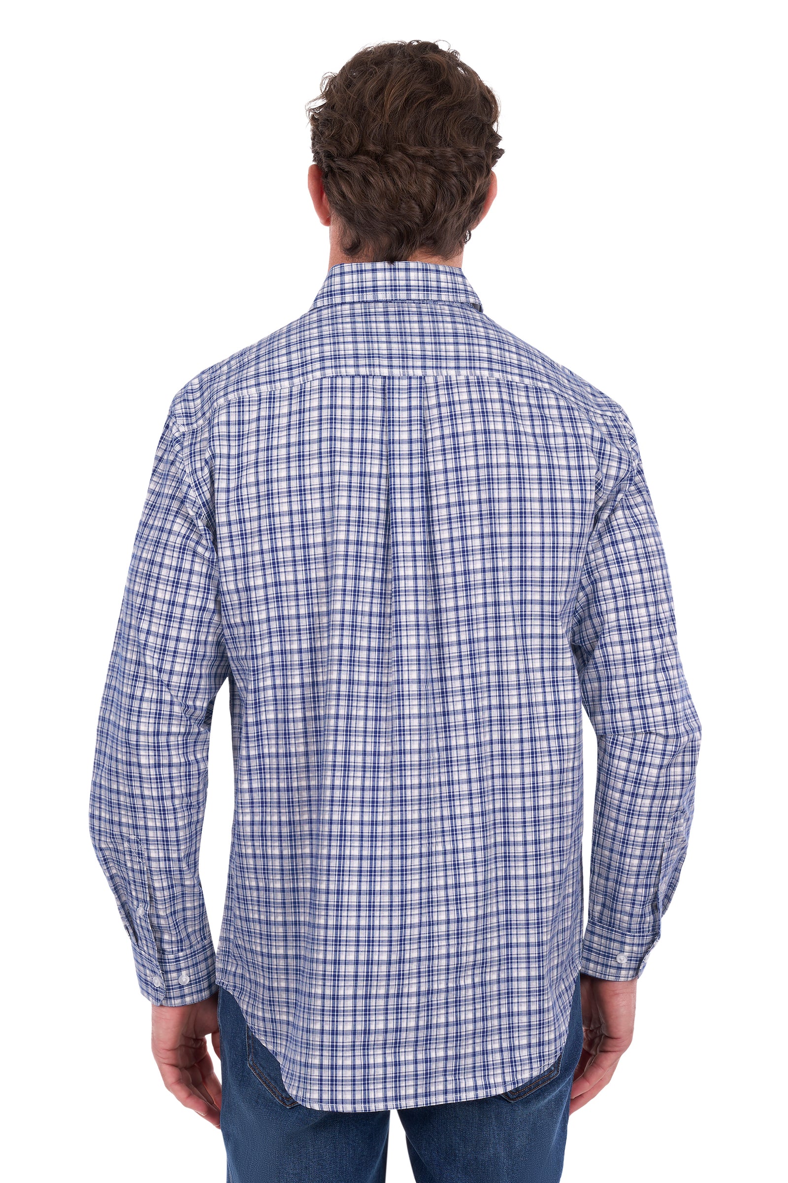 A man viewed from the back wearing a blue and white plaid long-sleeve button-down shirt and blue jeans, set against a plain white background.