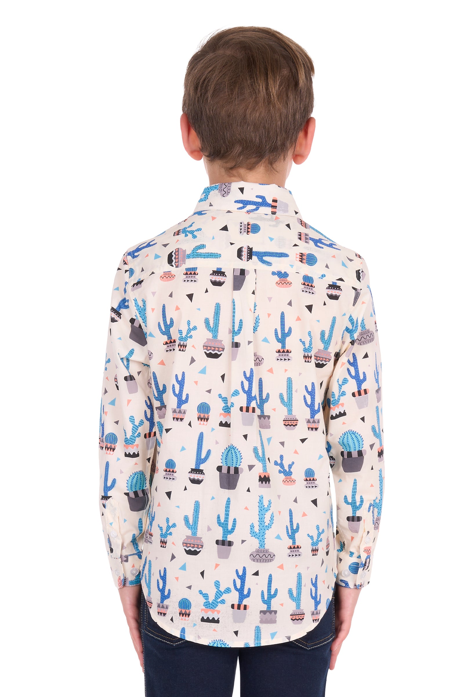 A child viewed from the back wearing a cream-colored long-sleeve button-up shirt with a blue, gray, and black cactus pattern, paired with dark blue jeans, against a plain white background.