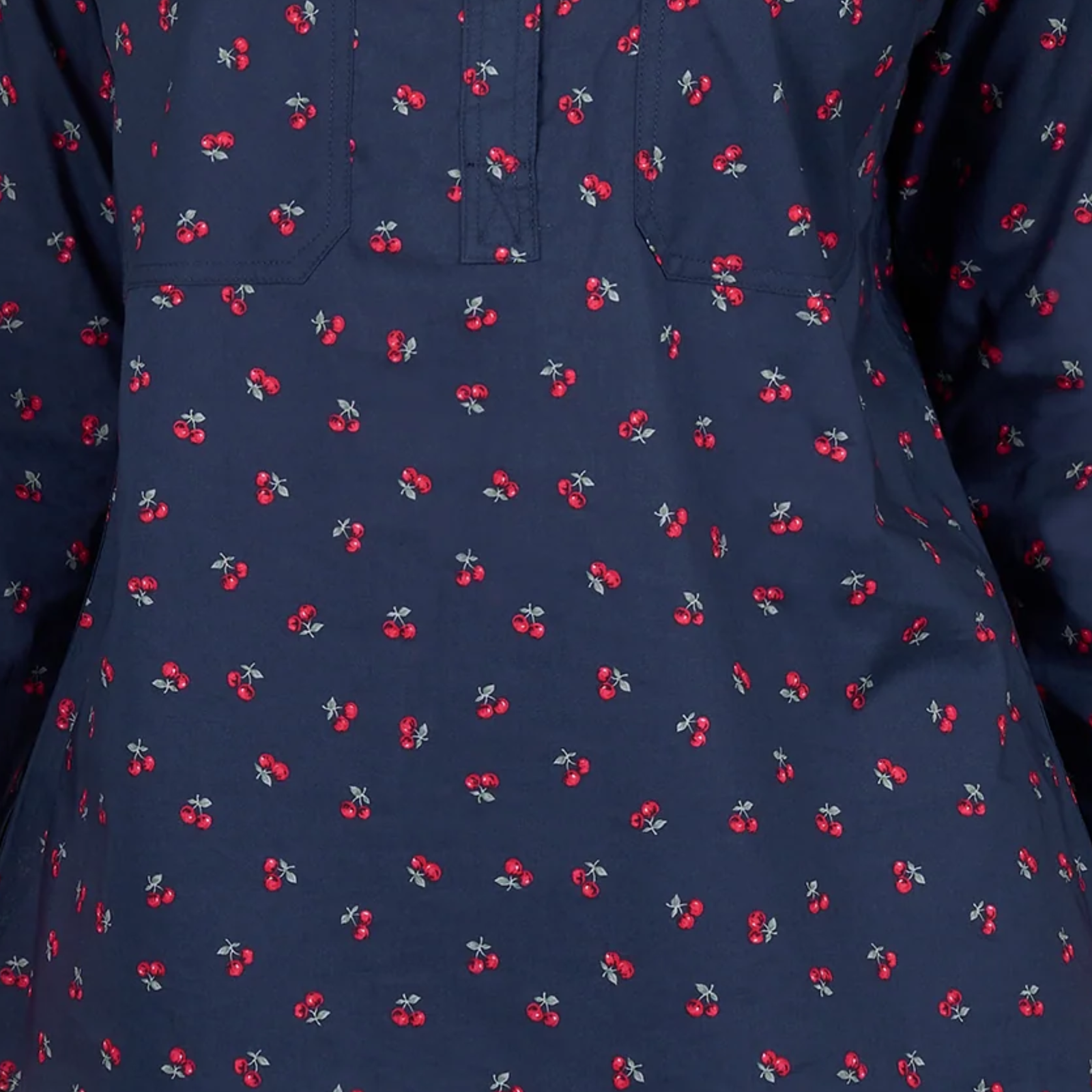 Navy blue shirt with red cherry pattern
