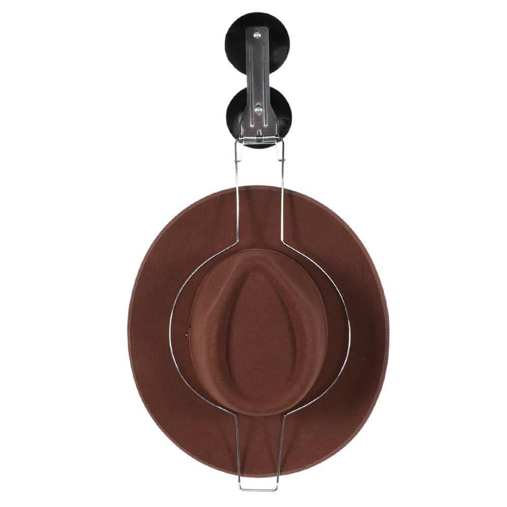 The Hat Saver Kwik Stick. Brown pet feeder with a clear plastic stand on a white background