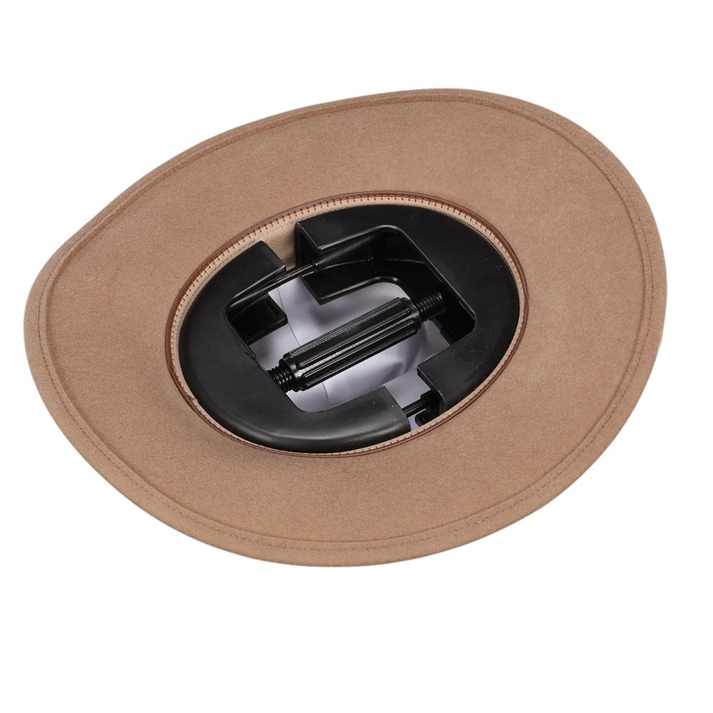 The Hat Retainer. Brown wide-brimmed hat with a black interior on a white background