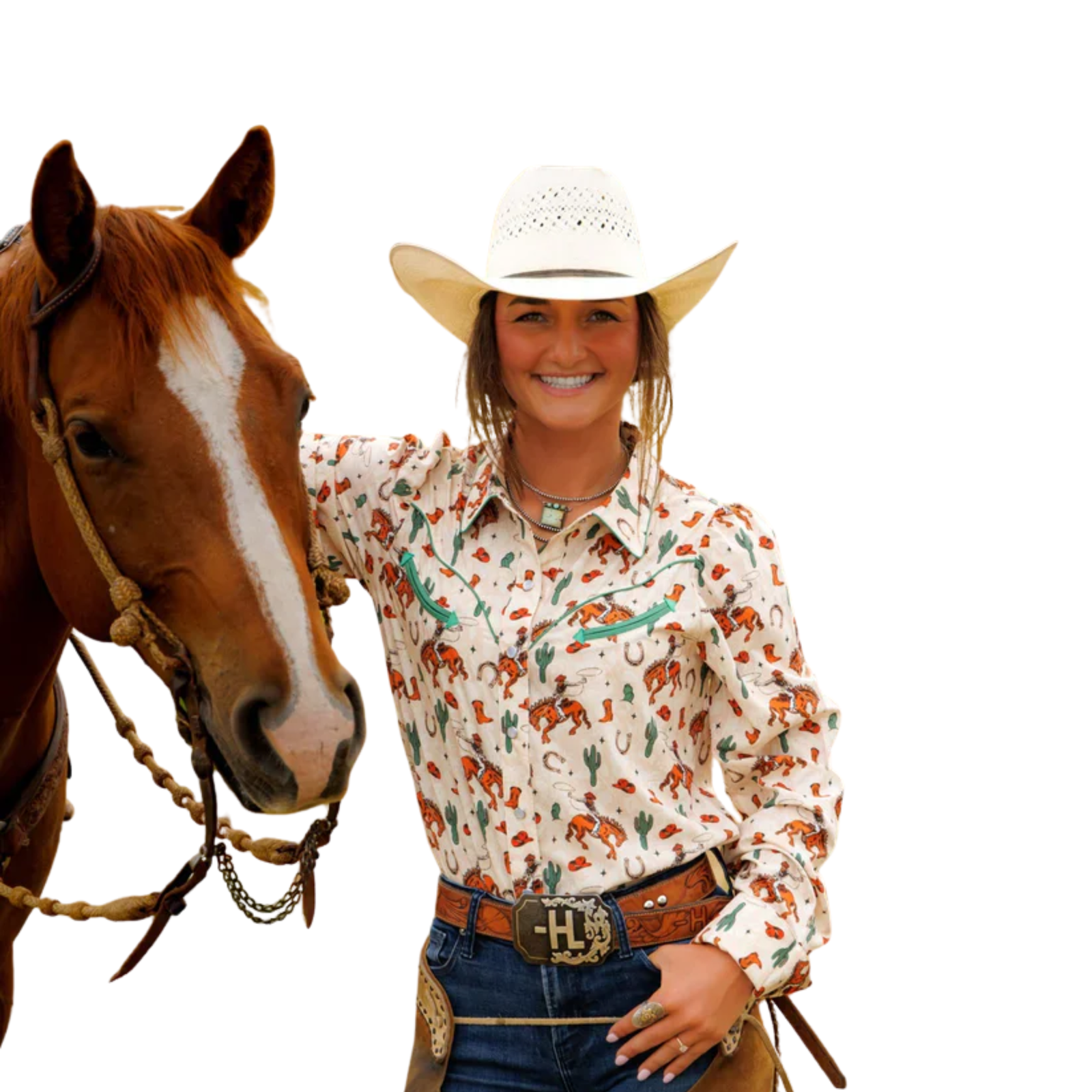 Woman in a patterned shirt and cowboy hat standing next to a horse on a white background