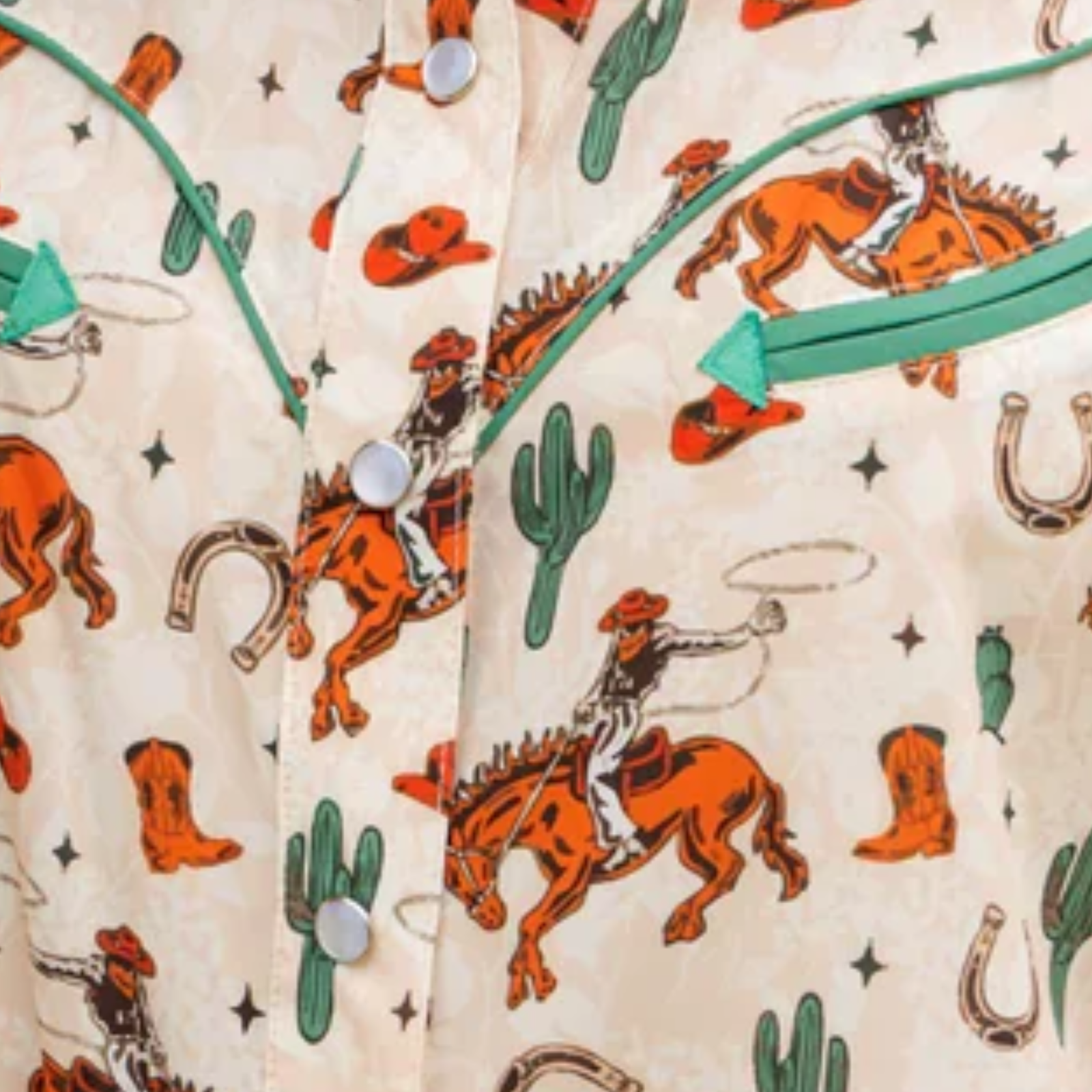 Fabric with cowboy and horse pattern on a beige background