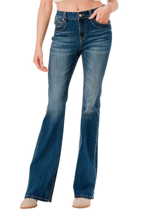 Grace In LA Women's High Waist Jeans. Blue jeans worn by a person on a white background