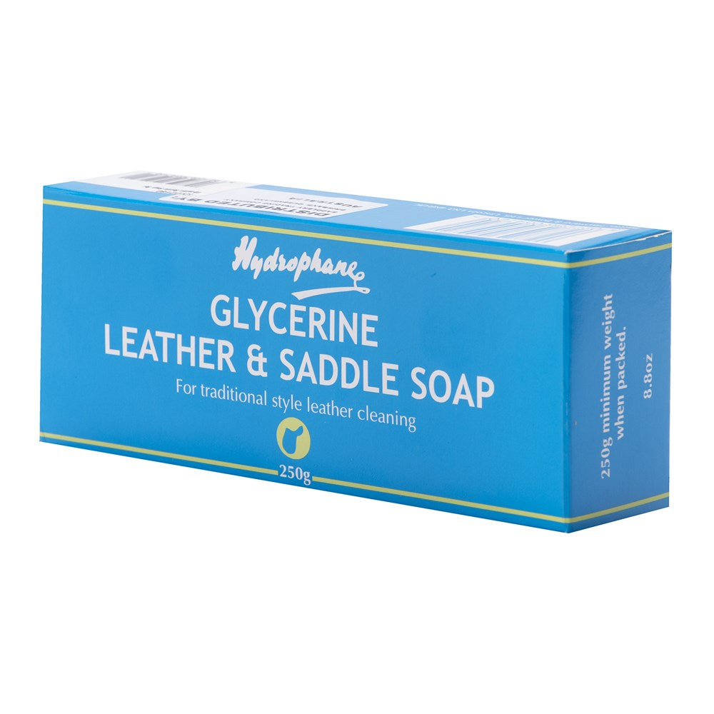 A blue box of Hydrophane Glycerine Leather & Saddle Soap, with product details on the label.