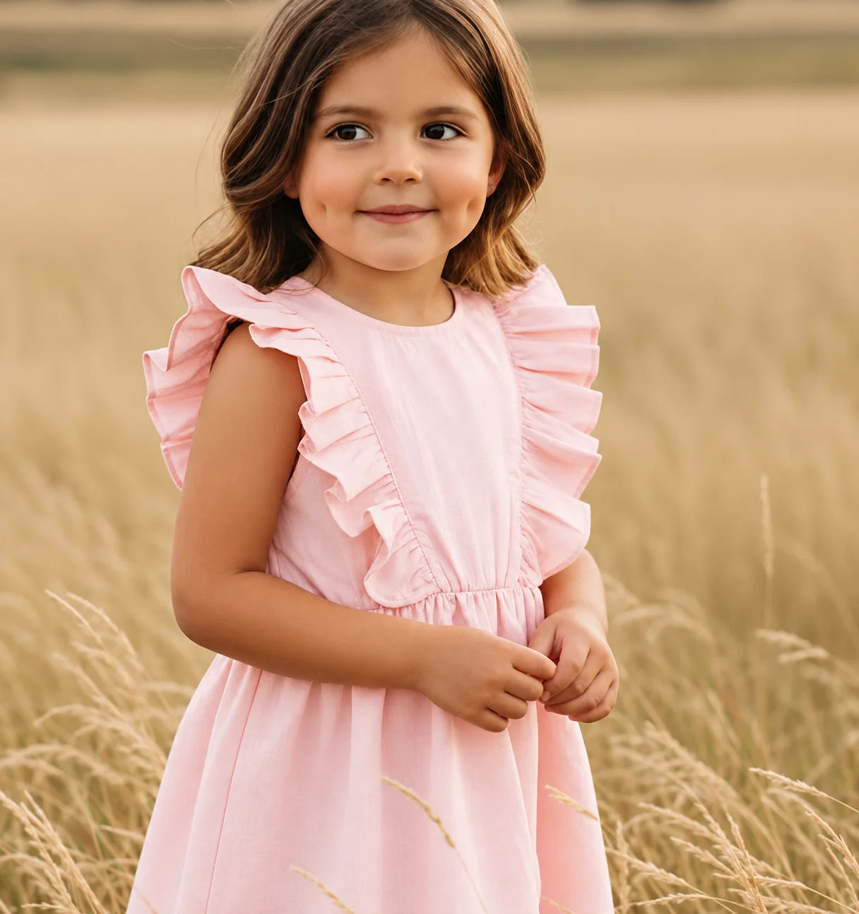 A young girl with brown hair stands in a golden field wearing a light pink ruffled dress. The dress has a round neckline, a gathered waist, and ruffled shoulder straps.