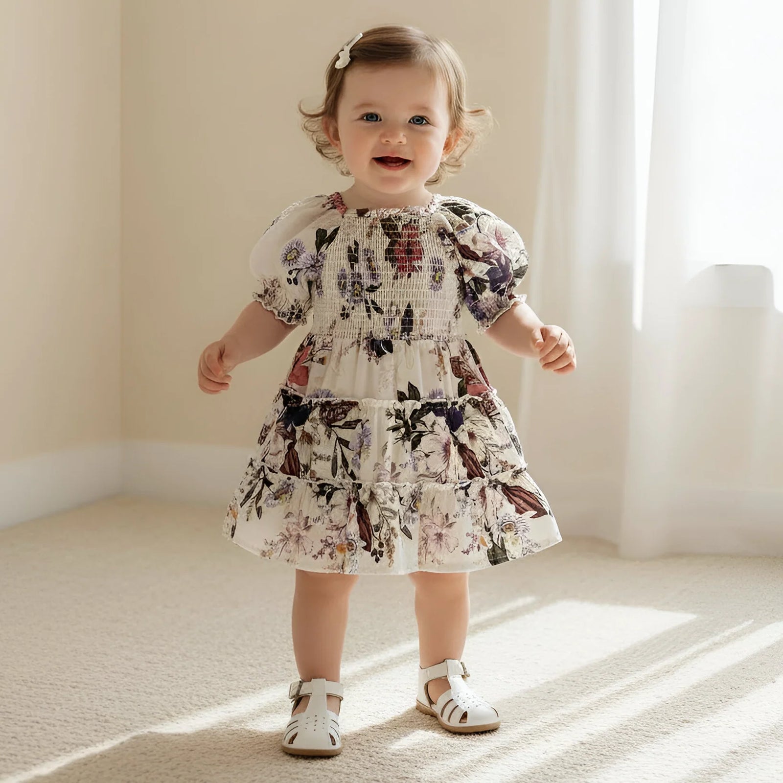 A toddler girl wearing a short-sleeve tiered dress with a floral and botanical print, standing in a brightly lit room with beige walls and carpet.