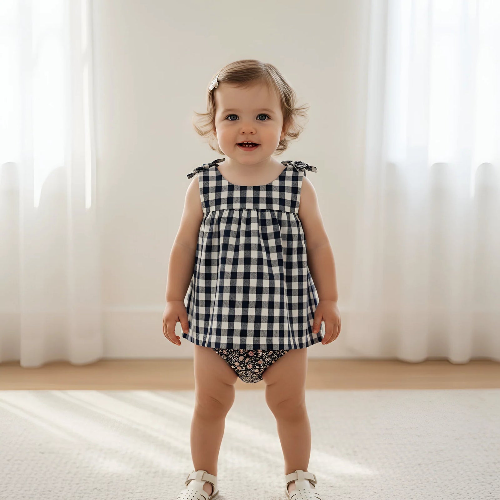 A toddler girl wearing a black and white gingham sleeveless romper with tie shoulder straps and matching patterned bloomers, standing indoors in front of white curtains.