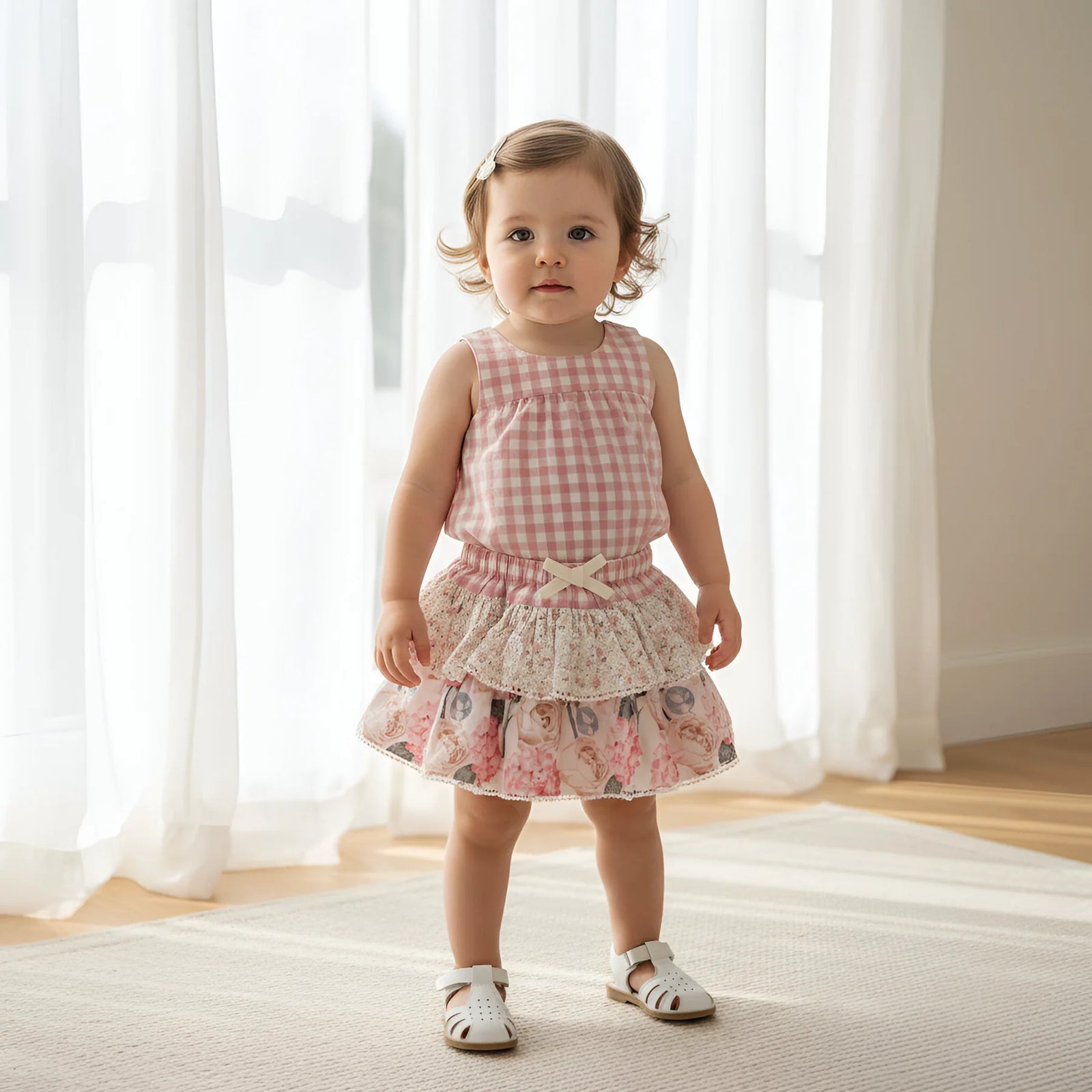 Child wearing a pink checkered dress standing in a room with white curtains.