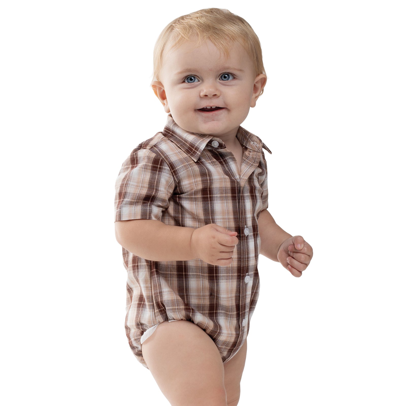 Baby wearing a brown plaid shirt over a diaper on a white background