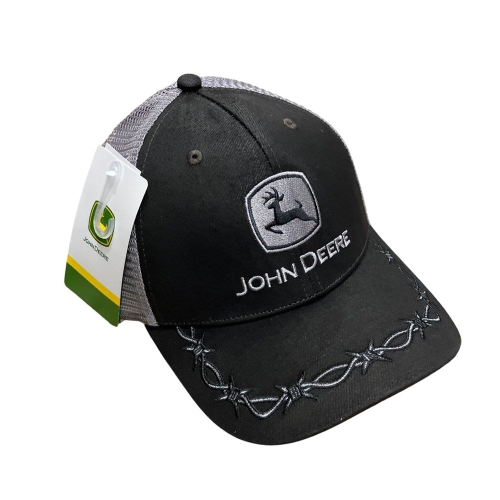 A black and gray John Deere trucker hat with a white hangtag, featuring the embroidered John Deere logo on the front and a barbed wire design on the brim.