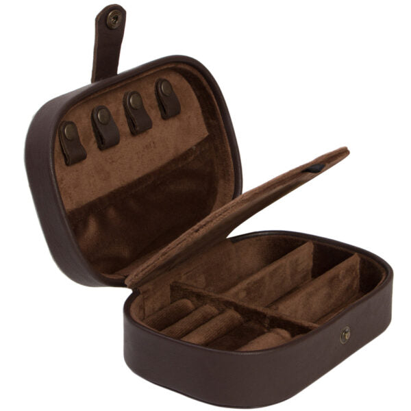 Cowhide Travel Jewellery Box. Brown jewelry case with compartments on a white background