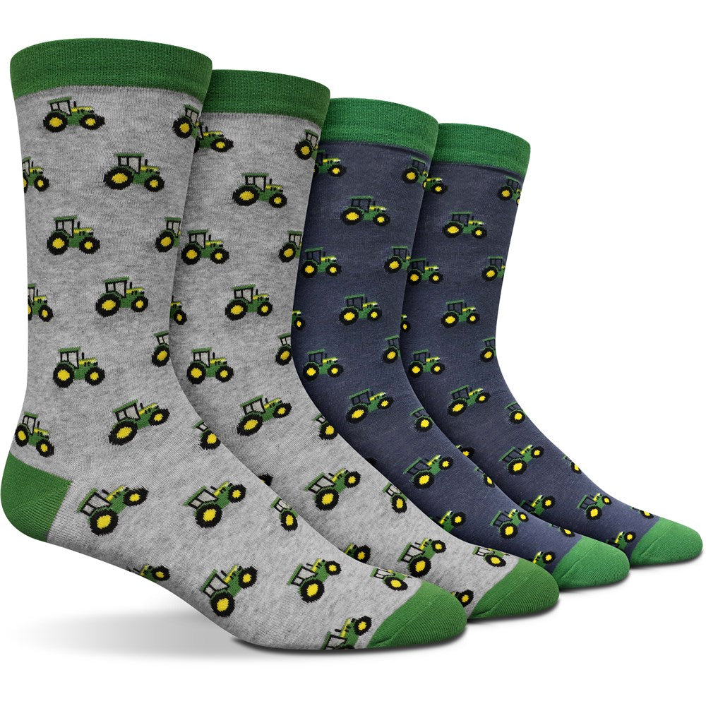 John Deere Tractor Row Fashion Socks Crew-2 Pack. Set of socks with tractor pattern on gray and navy backgrounds