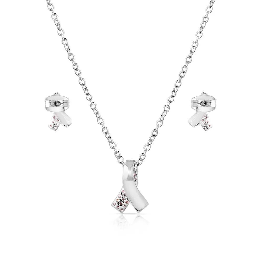 Montana Silversmiths Hope & Strength Ribbon Jewellry Set. Silver necklace with a ribbon pendant and matching earrings on a white background