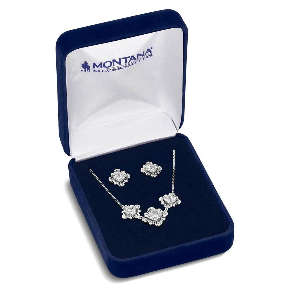 Jewelry set in a Montana Silversmiths box on a white background