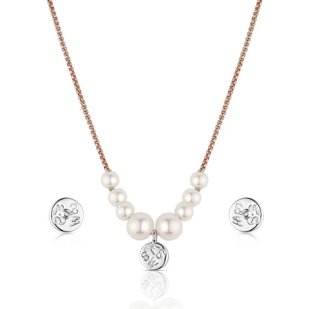Pearl necklace with silver pendants on a white background