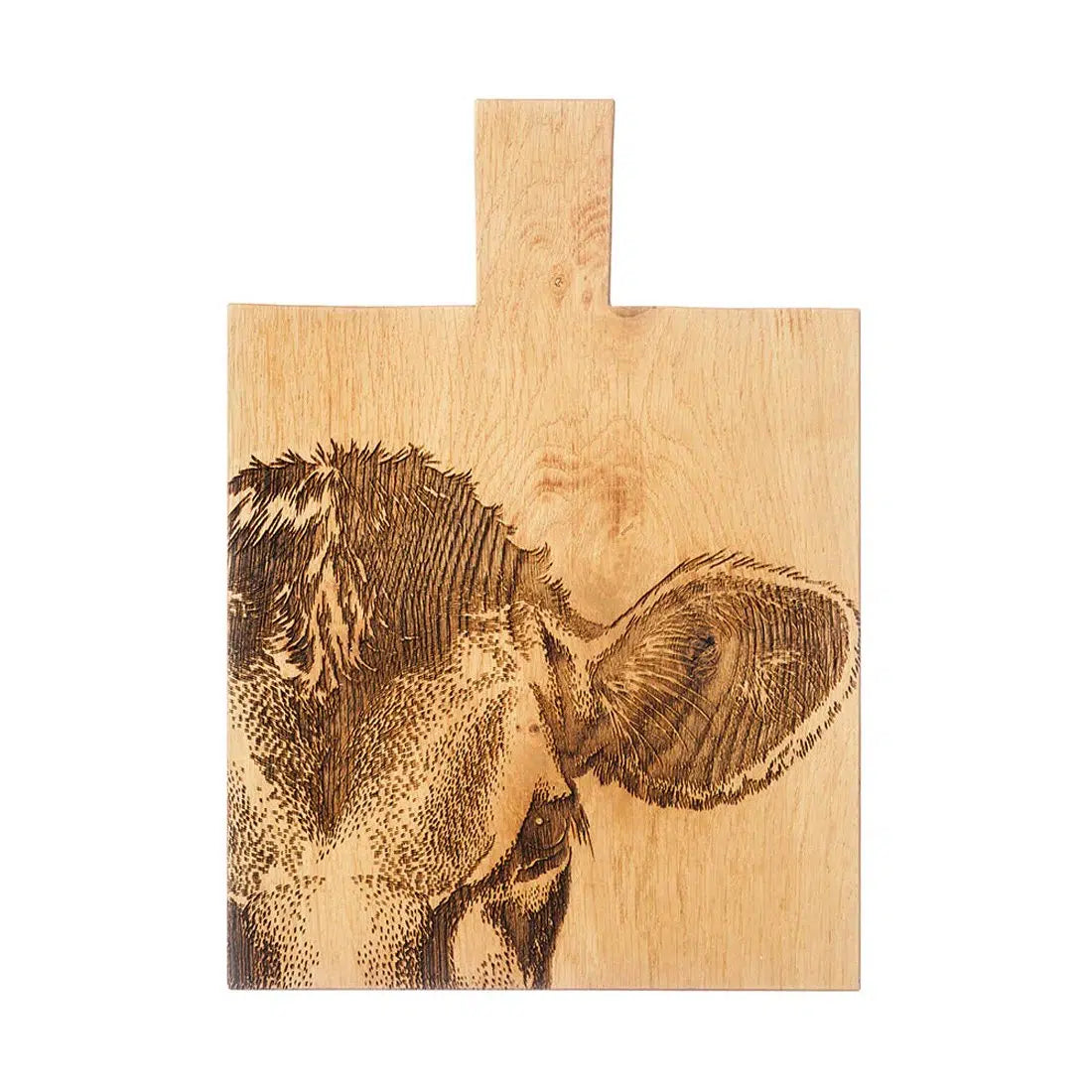 A rectangular wooden serving board with a handle, featuring a detailed brown-burned animal portrait on the front, shown against a plain white background.