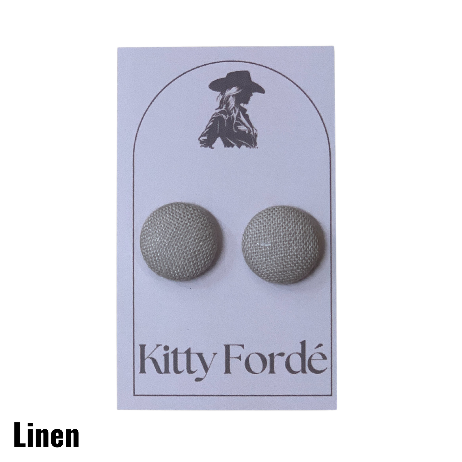 Pair of linen earrings on a Kitty Fordé branded card with a white background.