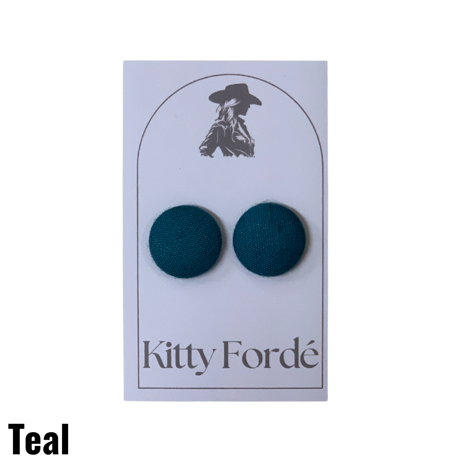 Teal earrings on a Kitty Fordé branded card with a white background