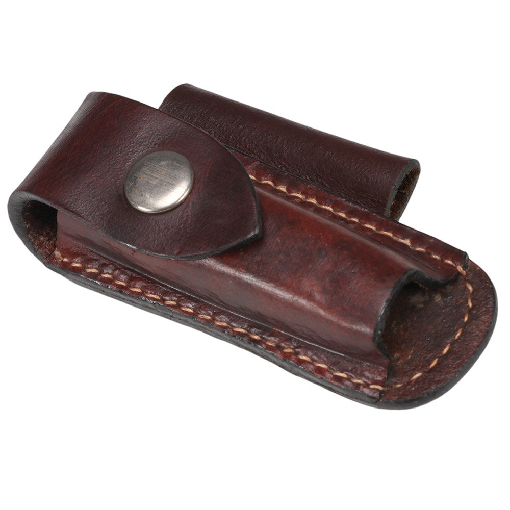 Stockmaster Side Lay Knife Pouch Holds 4"Knife. Brown leather pouch with a metal button on a white background